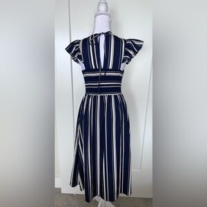 ALTARD STATE midi dress, smocked top lined full skirt, navy & white stripe Small